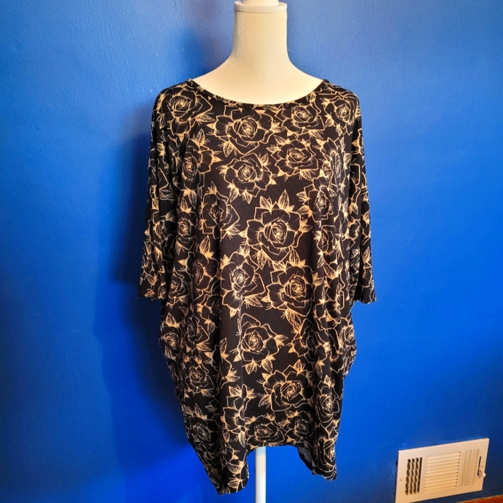 LuLaRoe Black Top with Tan/Cream Roses M